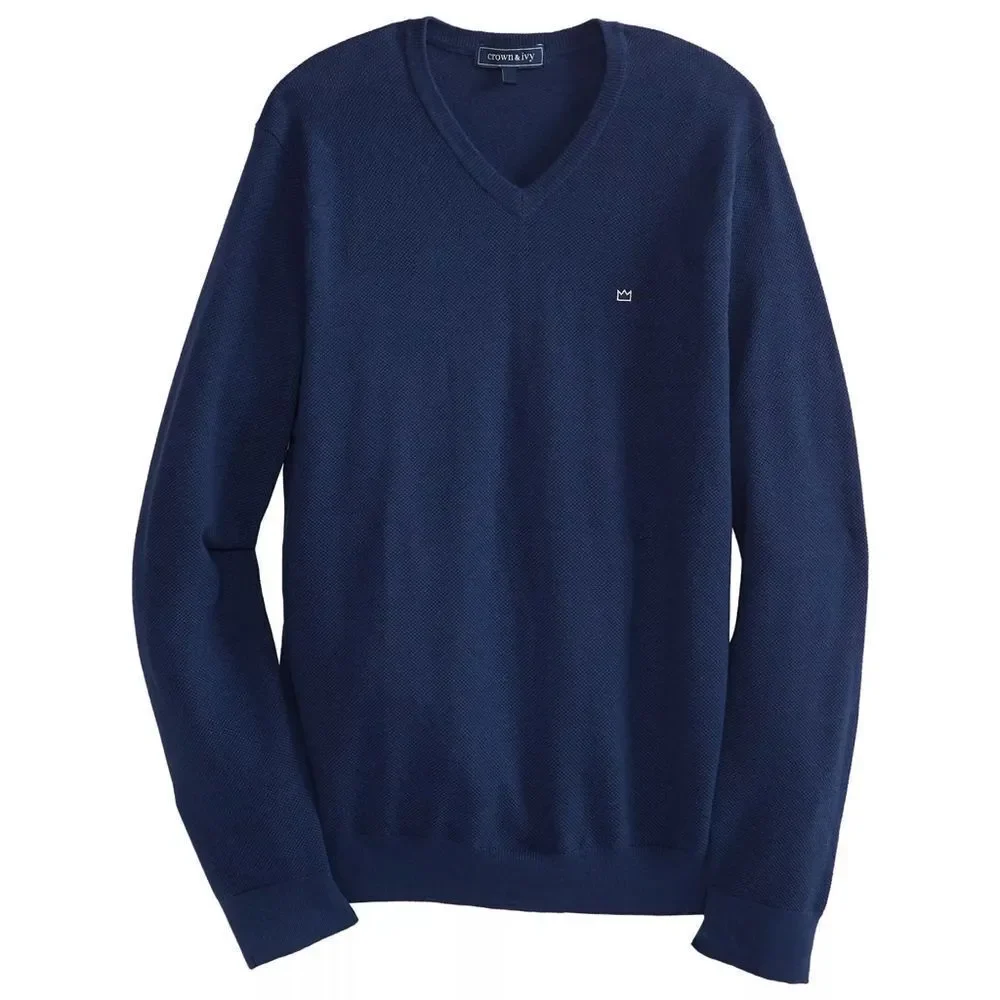 New! CROWN & IVY Men's Pique Cotton Cashmere Pullover Sweater Blue Size XL